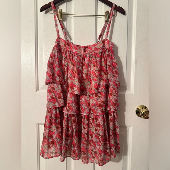 FP ONE Free People Pink Multi Floral Baby Doll Tiered Layers MED Spaghetti Strap - Picture 1 of 14
